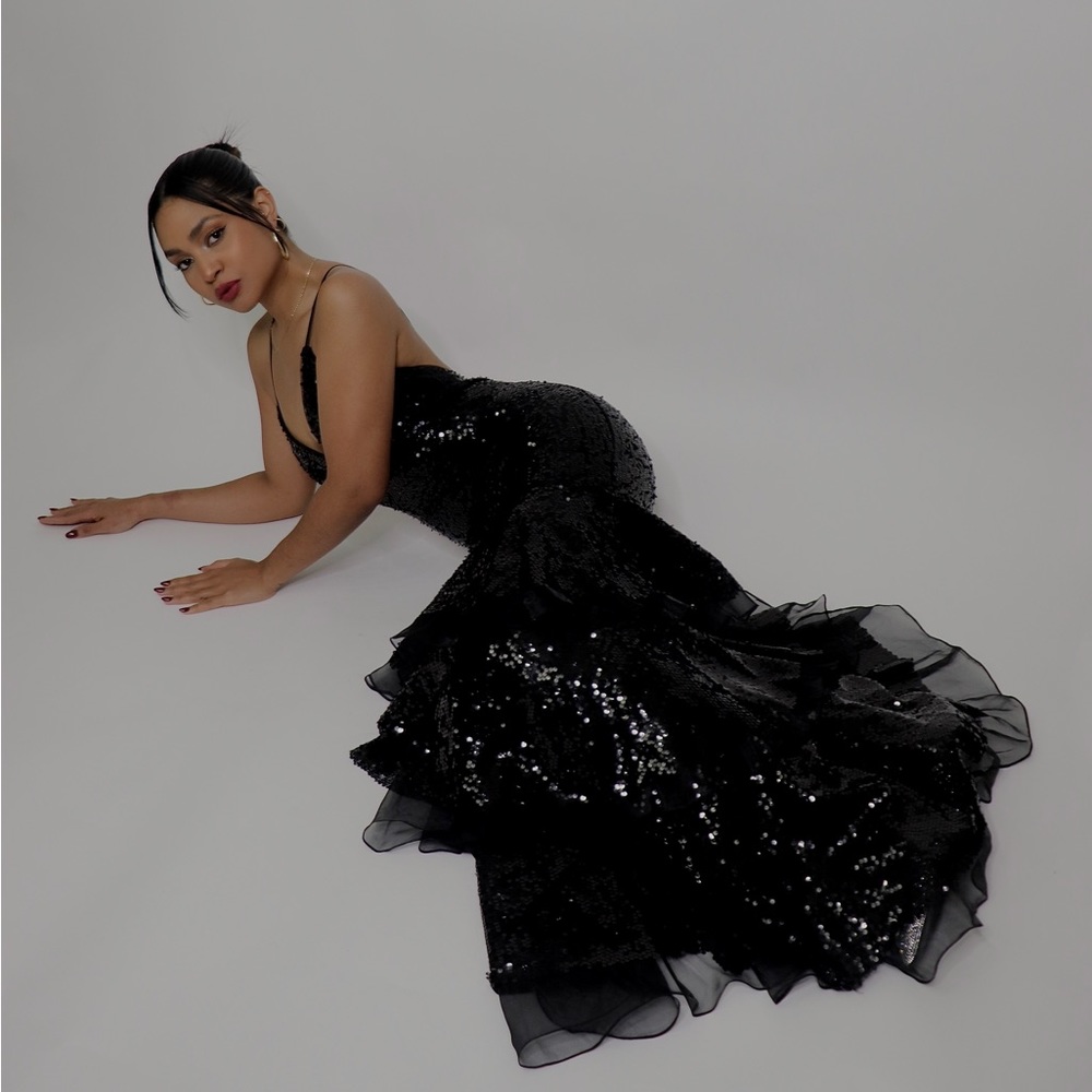Sequin v-neck tiered mermaid dress - David’s Bridal